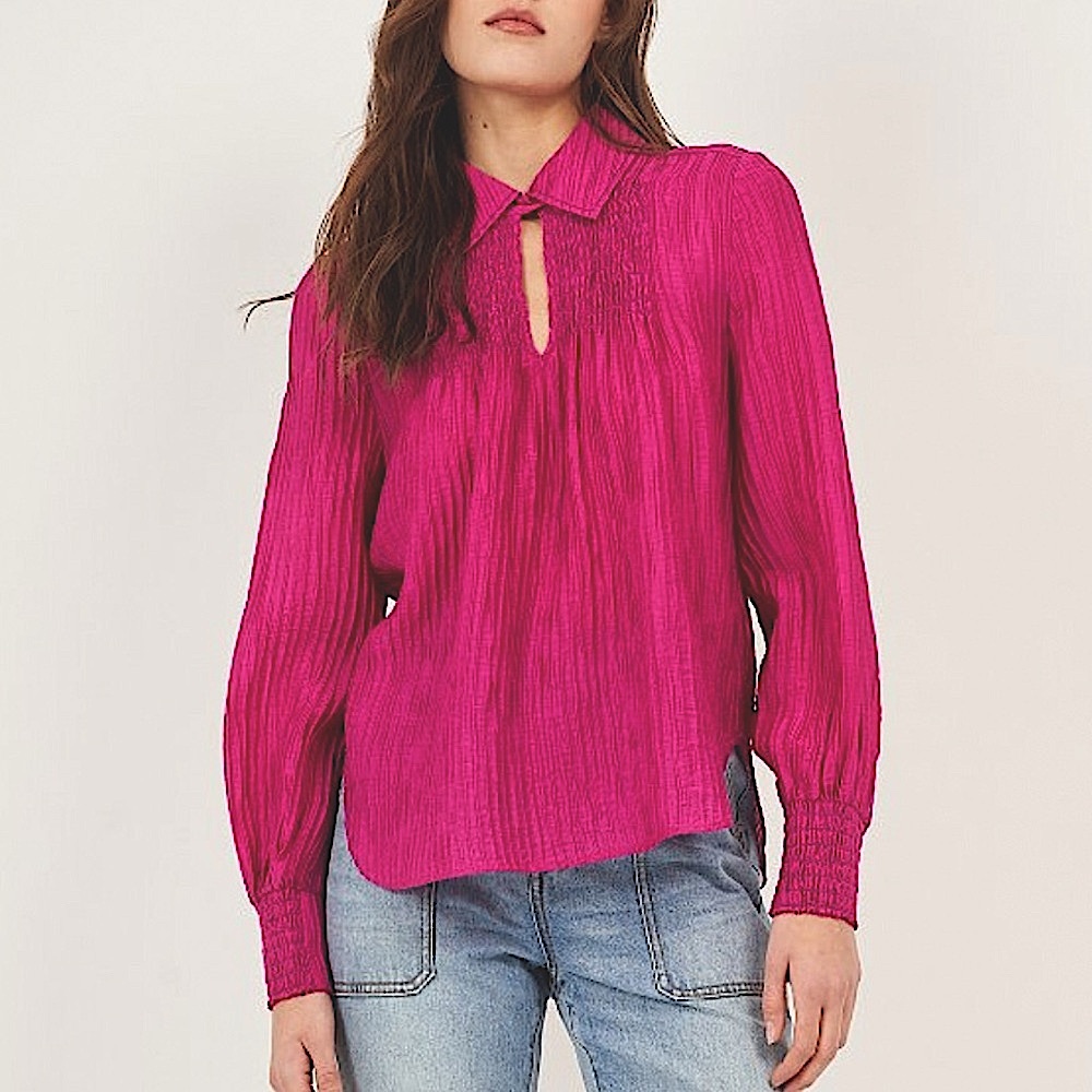 Joie Anaise Long-Sleeve Collared Button Fushia Blouse, NEW